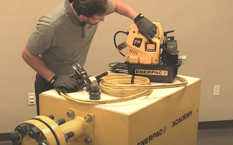 Enerpac hydraulic torque wrench applied to industrial flange bolting